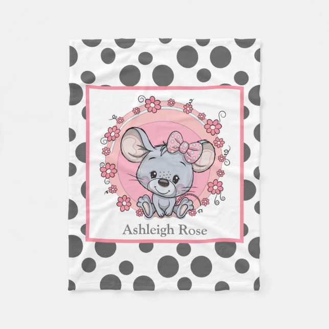Cute Mouse on Grey/White Dots, personalised Fleece Blanket (Front)