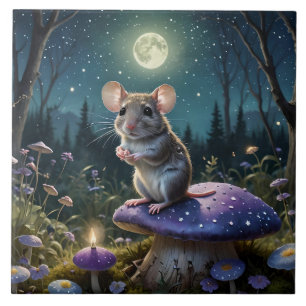 Cute Mouse on Mushroom in Moonlight  Ceramic Tile