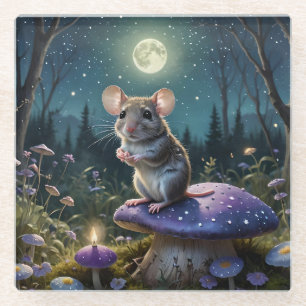 Cute Mouse on Mushroom in Moonlight Glass Coaster