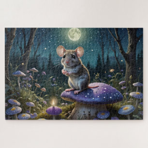 Cute Mouse on Mushroom in Moonlight Jigsaw Puzzle