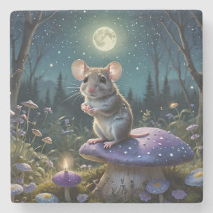 Cute Mouse on Mushroom in Moonlight  Stone Coaster