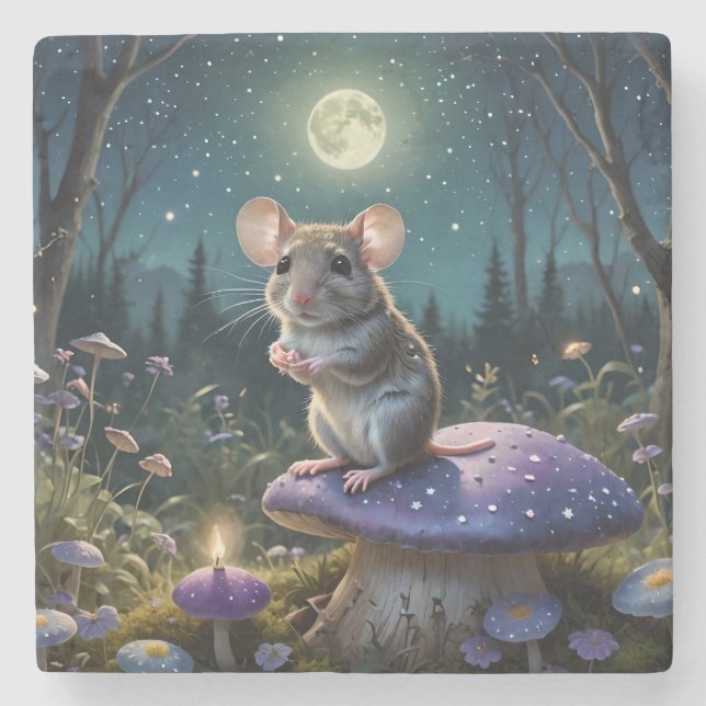 Cute Mouse on Mushroom in Moonlight  Stone Coaster (Front)