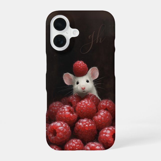 Cute Mouse Peeking Raspberry Painting Custom Name iPhone 16 Case (Back)