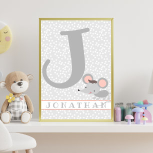 Cute Mouse & Polkadots Personalised Boy Nursery Poster