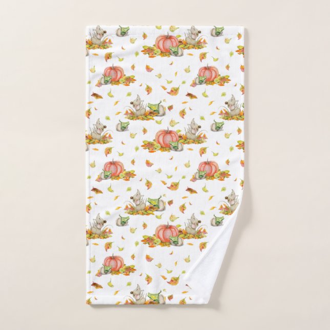 Cute mouse, pumpkins and fall colorful pattern hand towel (Hand Towel)