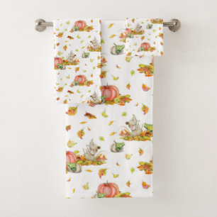 Cute mouse, pumpkins and fall colourful pattern bath towel set
