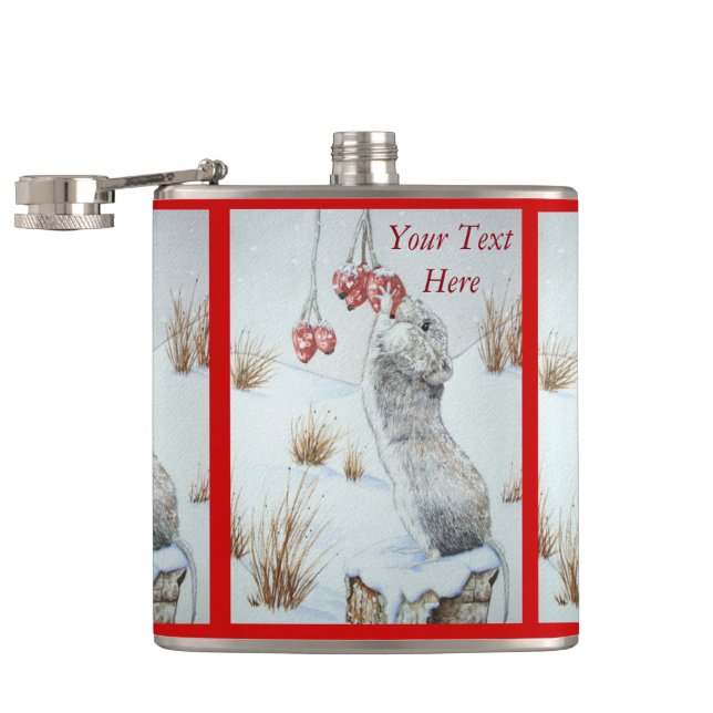 Cute mouse red berries snow scene wildlife art hip flask (Opened)