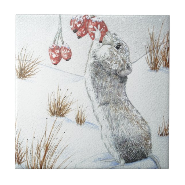 Cute mouse red berries snow scene wildlife design ceramic tile (Front)