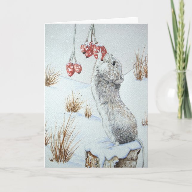 Cute mouse red berries snow scene wildlife  holiday card (Front)