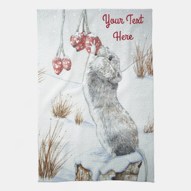 Cute mouse red berries snow scene wildlife tea towel (Vertical)