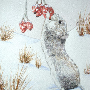 Cute mouse red berries snow scene wildlife tea towel