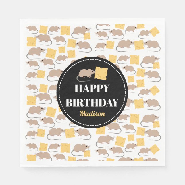 Cute Mouse Rodent Eating Cheese Birthday   Napkin (Front)