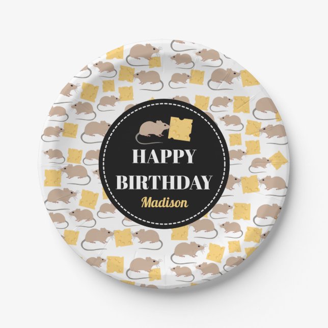 Cute Mouse Rodent Eating Cheese Birthday  Paper Plate (Front)