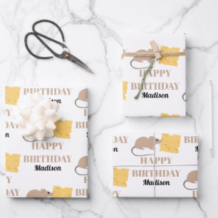 Cute Mouse Rodent Eating Cheese Birthday  Wrapping Paper Sheet