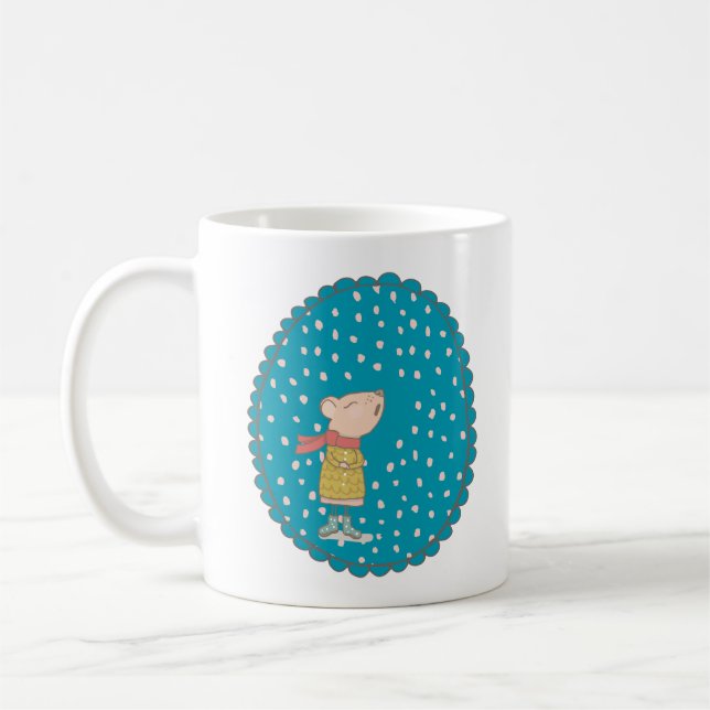 Cute Mouse Singing Christmas Carols in Blue Coffee Mug (Left)