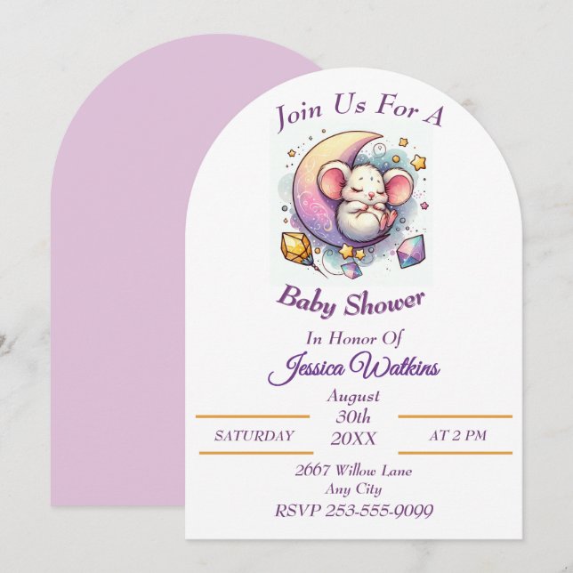Cute Mouse Sleeping on a Half Moon Baby Shower Invitation (Front/Back)