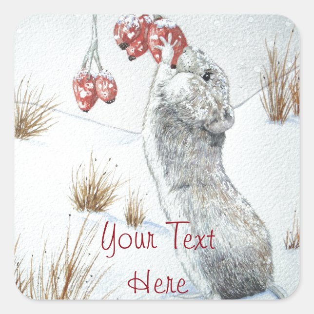 cute mouse snow scene seasonal wildlife square sticker (Front)