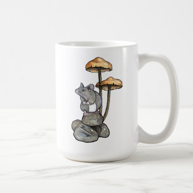 Cute Mouse Standing on Rocks, with Mushrooms Coffee Mug (Right)