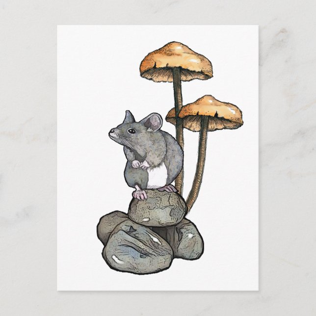 Cute Mouse Standing on Rocks, with Mushrooms Postcard (Front)
