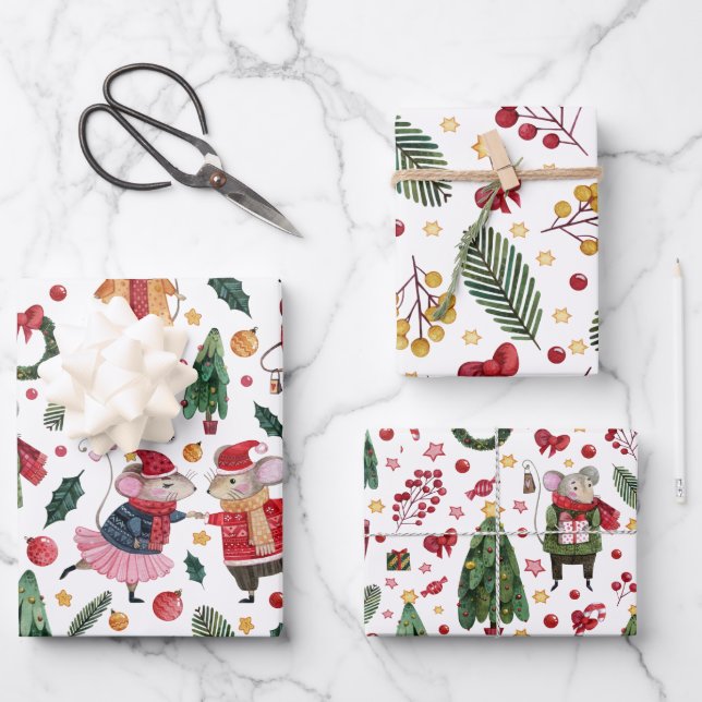 Cute Mouse Themed Christmas Pattern Wrapping Paper Sheet (Front)