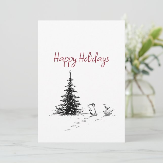 Cute Mouse & Tree Line Art Festive Christmas  Holiday Card (Standing Front)