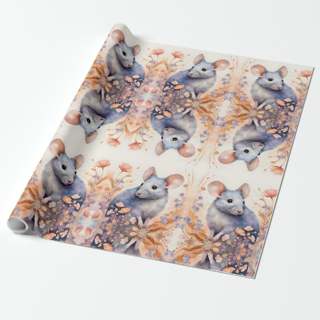 Cute mouse watercolor illustration  wrapping paper (Unrolled)