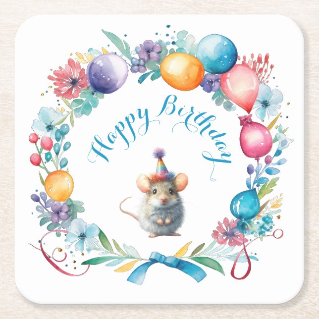 Cute Mouse Wearing a Party Hat Square Paper Coaster (Front)