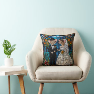Cute Mouse Wedding Couple Mosaic Stained Glass Cushion