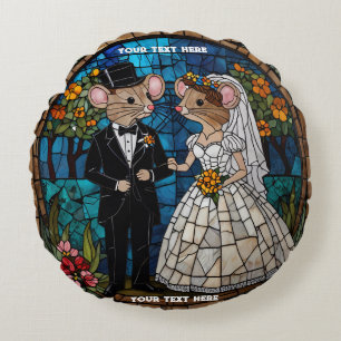 Cute Mouse Wedding Couple Mosaic Stained Glass Round Cushion