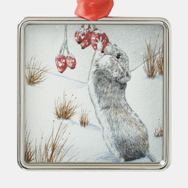 cute mouse wildlife snow scene at christmas metal ornament (Front)