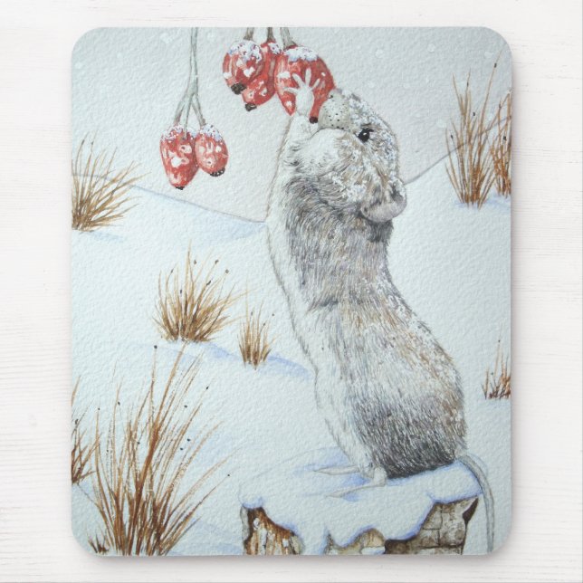 Cute mouse winter snow scene red berries wildlife mouse pad (Front)