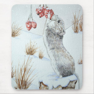 Cute mouse winter snow scene red berries wildlife pad