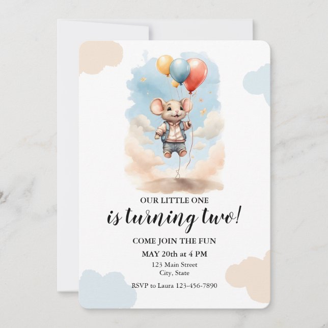 Cute Mouse with Balloons Birthday Party Invitation (Front)