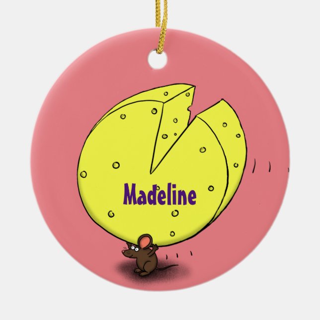 Cute mouse with cheese cartoon illustration ceramic ornament (Front)