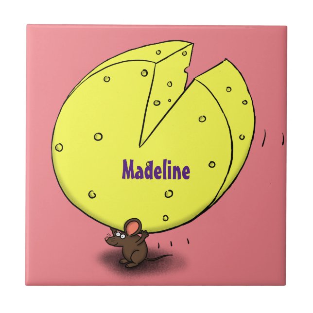 Cute mouse with cheese cartoon illustration ceramic tile (Front)