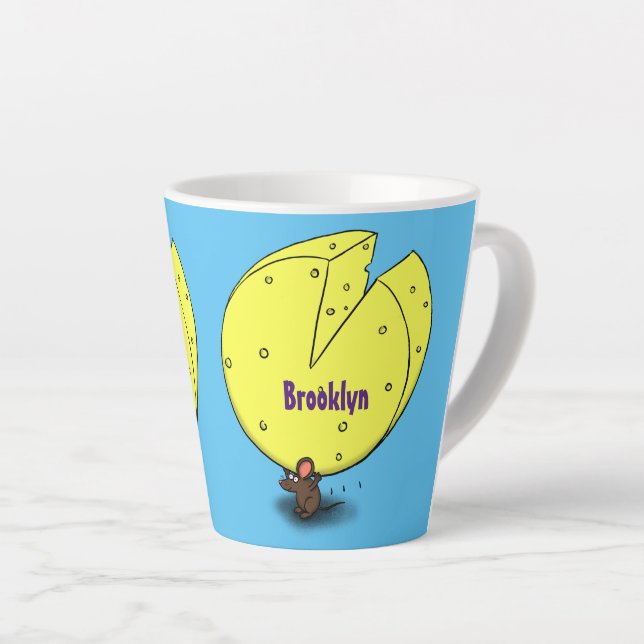 Cute mouse with cheese cartoon illustration latte mug (Right Angle)