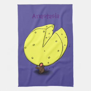Cute mouse with cheese cartoon illustration tea towel