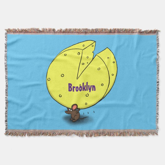Cute mouse with cheese cartoon illustration throw blanket (Front)