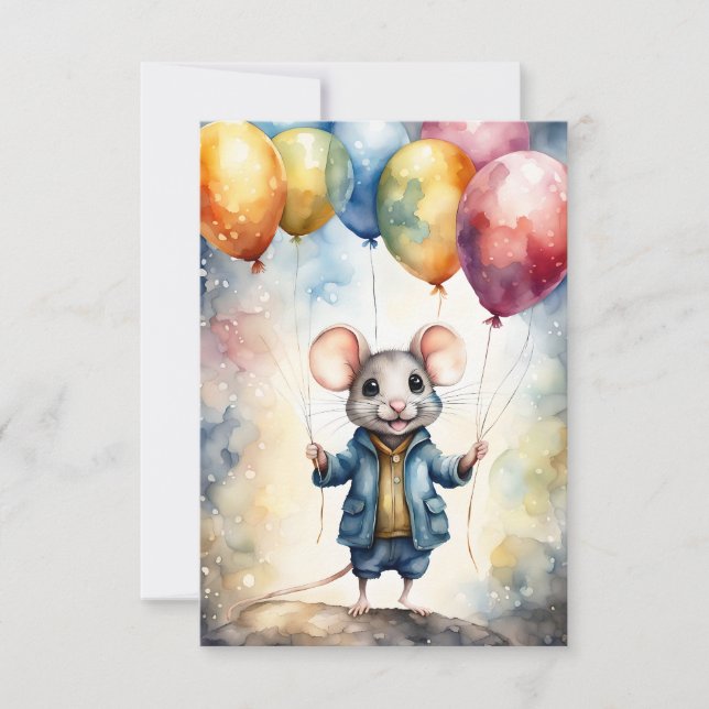 Cute mouse with colourful balloons, custom Birthda Card (Front)