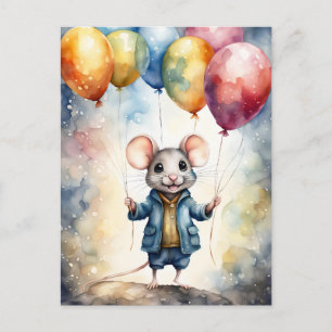 Cute mouse with colourful balloons, custom  postcard