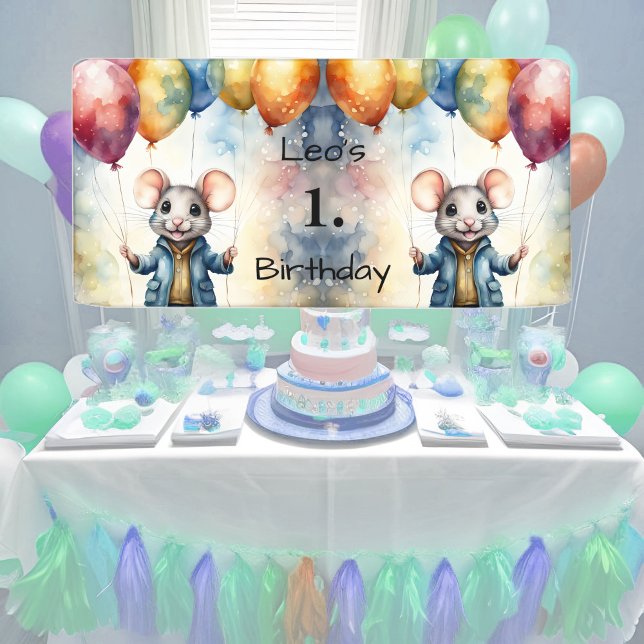 Cute mouse with colourful balloons, personalizable banner (Creator Uploaded)