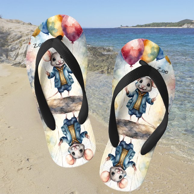 Cute mouse with colourful balloons, personalizable kid's thongs (Creator Uploaded)