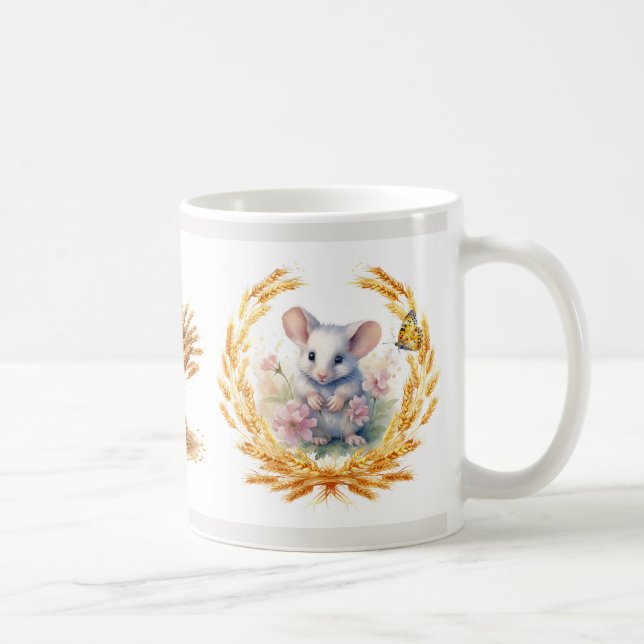 Cute Mouse with Flowers and Wheat Mug (Right)