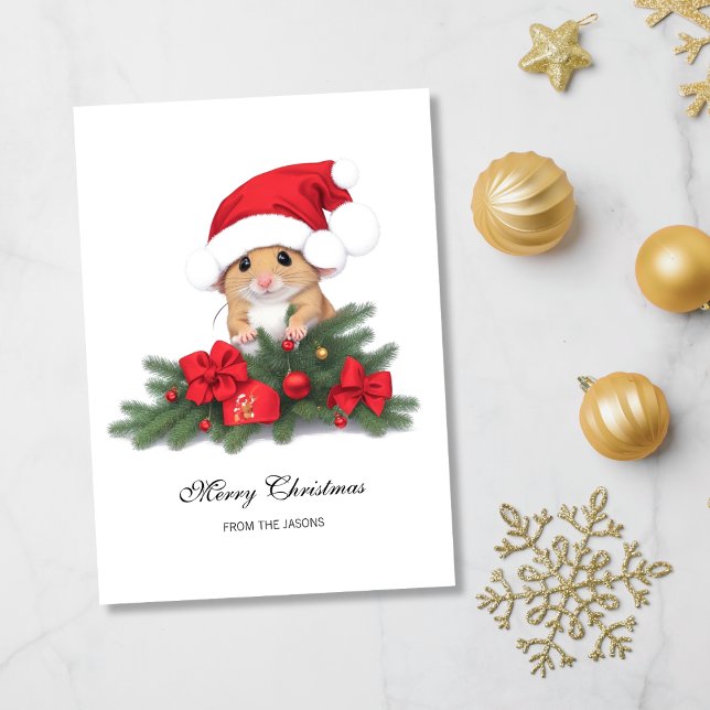 Cute Mouse with Red Hat Xmas Personalised Holiday Card (Cute Mouse with Red Santa Hat Holiday Card)