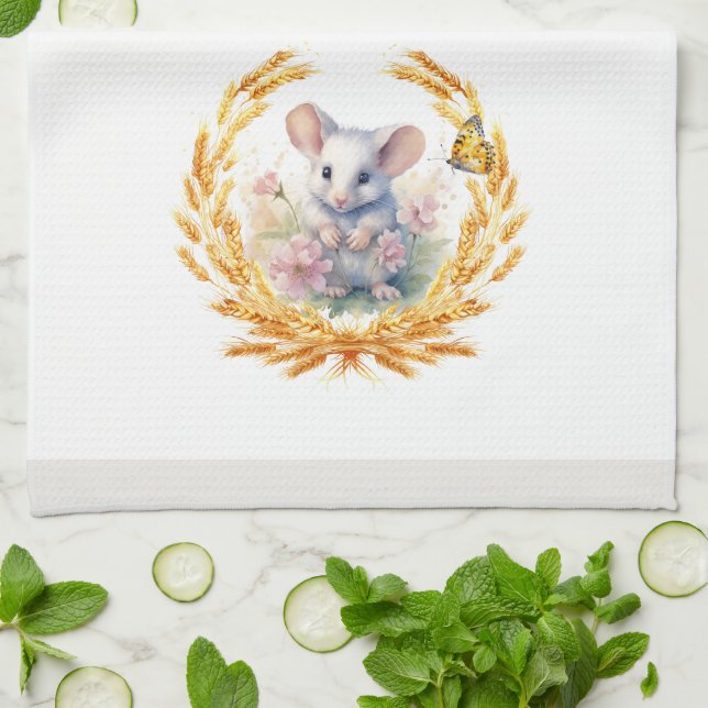 Cute Mouse with Wheat Kitchen Towel White & Grey (Folded)