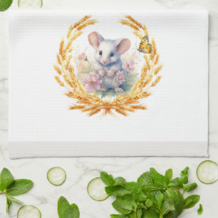 Cute Mouse with Wheat Kitchen Towels White & Grey