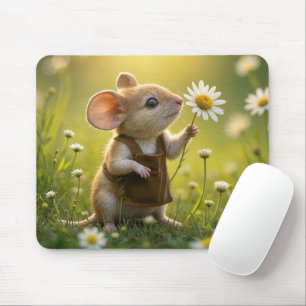 Cute Mouse With White Daisy Mouse Pad