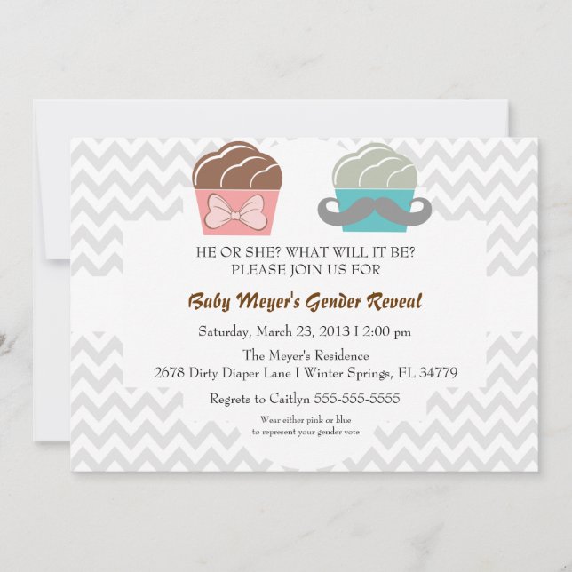 Cute Moustache & Bow Cupcake Gender Reveal Invite (Front)