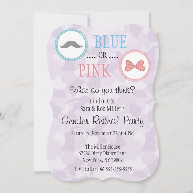 Cute Moustache & Bow Gender Reveal Invite (Front)