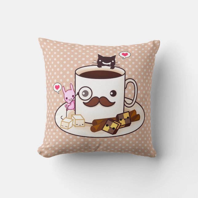 Cute moustache coffee cup with kawaii animals cushion (Front)